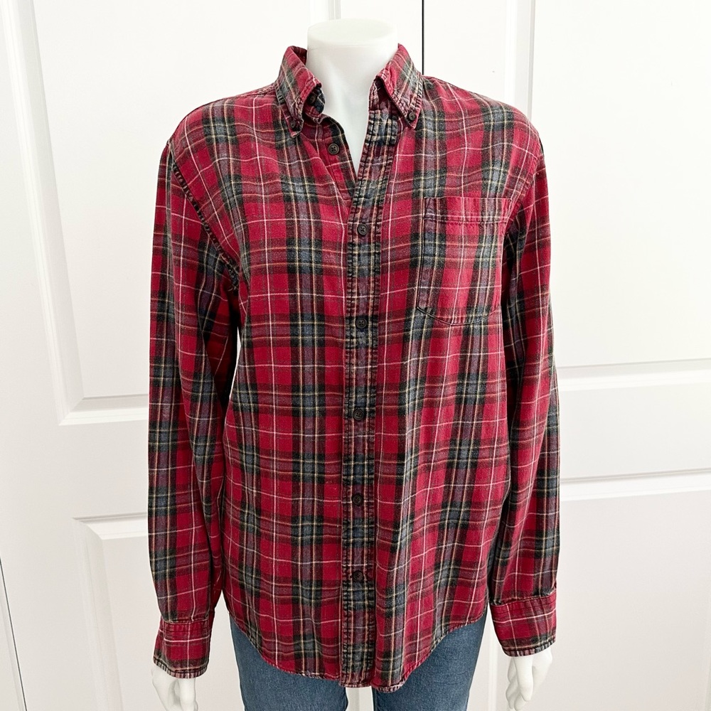 Vintage Fall Red Plaid Oversized Flannel Long Sleeve Button Down Shirt